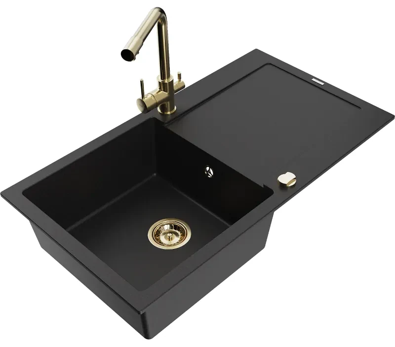 Mexen Leo, drez granitový 900x500x190 mm, 1-komorový a zlatá batéria Duero, čierna, 6501-77-671600-50