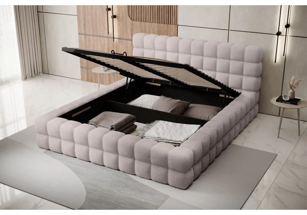 Svetloružová čalúnená dvojlôžková posteľ s úložným priestorom s roštom 180x200 cm Dizzle – ELTAP