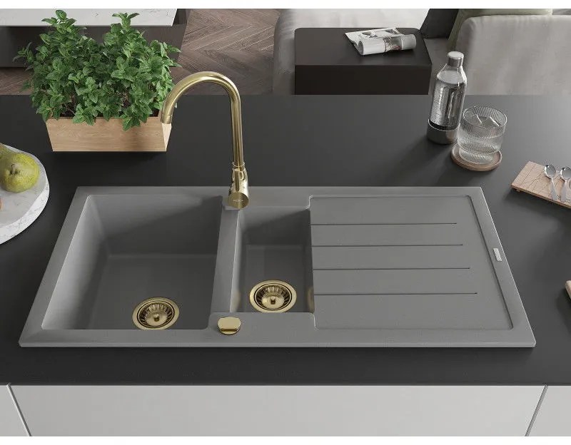 Mexen Andres, granitový drez 1000x500x200 mm, 1,5-komorový, šedá so zlatým sifónom, 6515101510-71-G