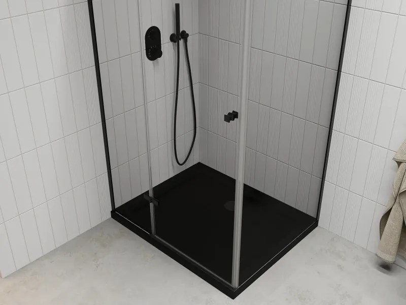 Mexen Roma, sprchovací kút s 1-krídlovými dverami 120 (dvere) x 90 (stena) cm, 6mm číre sklo, čierny profil, slim sprchová vanička 5cm čierna s čiernym sifónom, 854-120-090-70-00-4070B