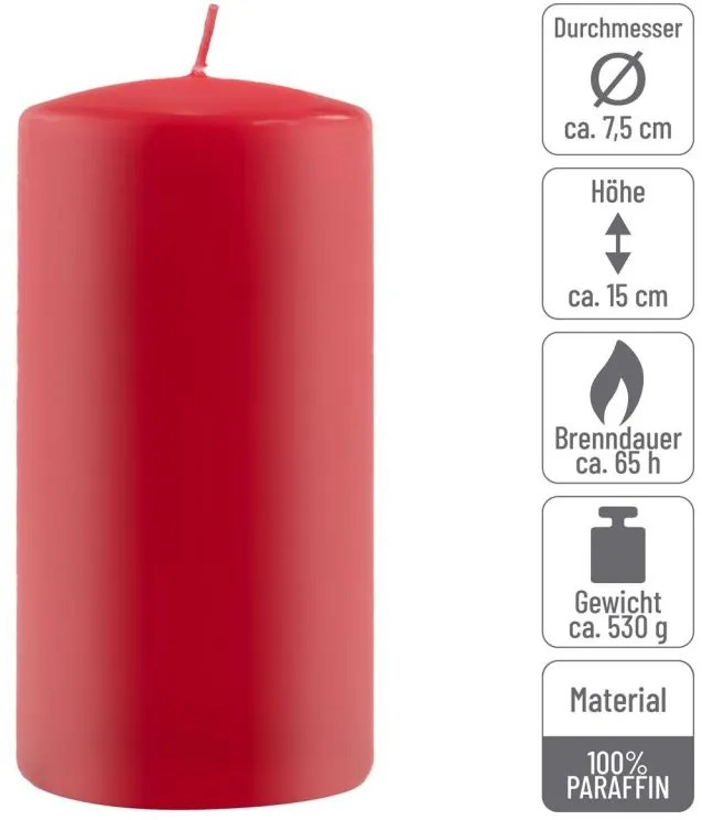 Sada stĺpových sviečok, 15 cm, Ø 7,5 cm, červená, 4 ks