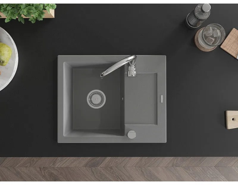 Mexen Enzo, 1-komorový granitový drez s odkvapkávačom 58x47 cm a kuchynskou batériou Telma, šedá, 6506-71-670200-00
