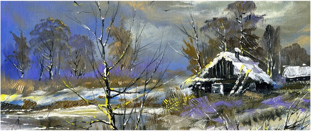 Obraz chalúpky v zimnej krajine, olejomaľba (120x50 cm)