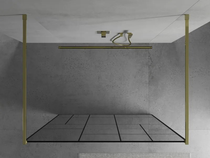 Mexen Kioto, priechodná sprchová zástena 100 x 200 cm, 8mm sklo číre/čierny vzor, 2x zlatá stabilizačná rozpera, 800-100-002-50-78