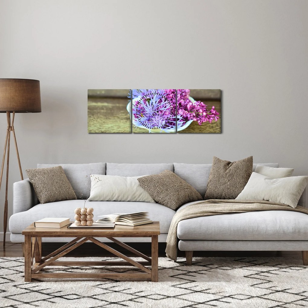 Obraz - fialová rastlinka (s hodinami) (90x30 cm)