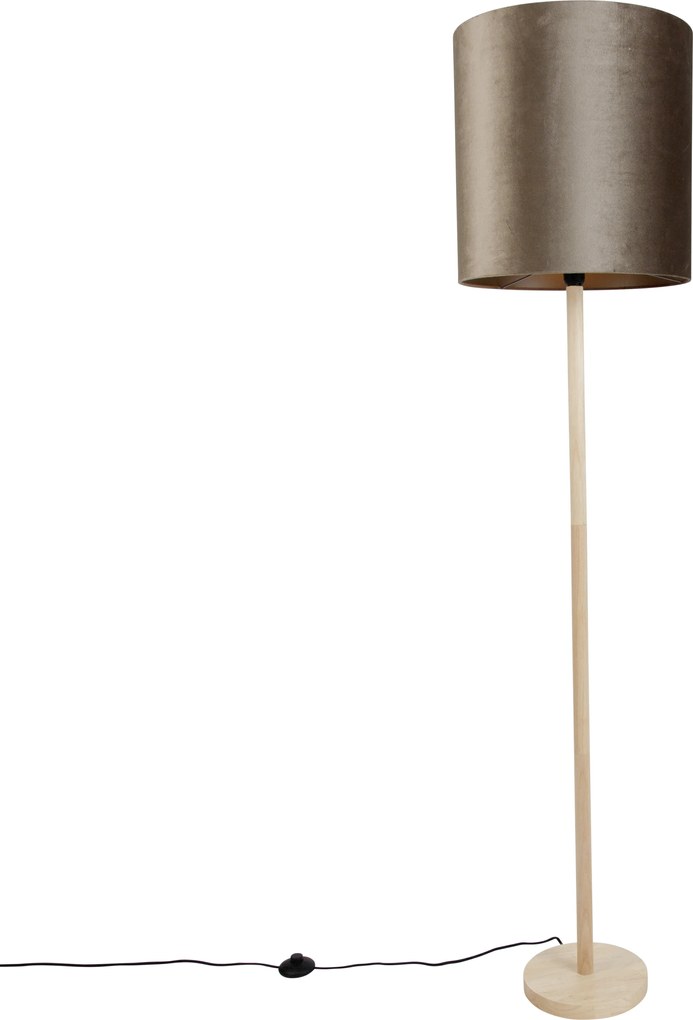 Drevená stojacia lampa s taupe zamatovým tienidlom 40 cm - Mels