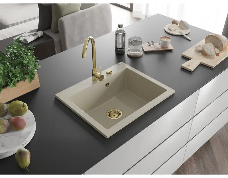 Mexen Elix, 1-korový granitový drez 600 x 500 mm, béžová, zlatý sifón, 6525601005-69-G