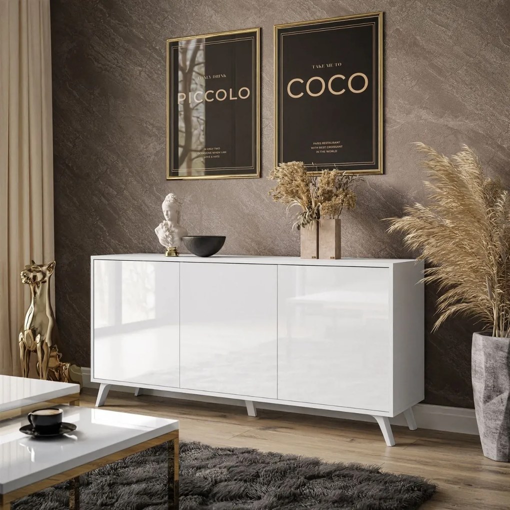 KOMODA ALWIN BIELA VYSOKÝ LESK 153cm BIELE NOŽIČKY