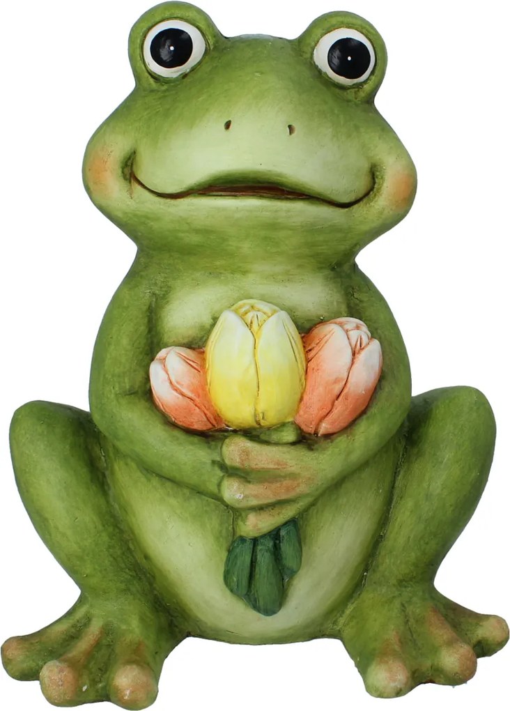 ZÁHRADNÁ FIGÚRKA – SEDIACA ŽABA S TULIPÁNMI 27,5 x 18,5 x 35 CM *7522