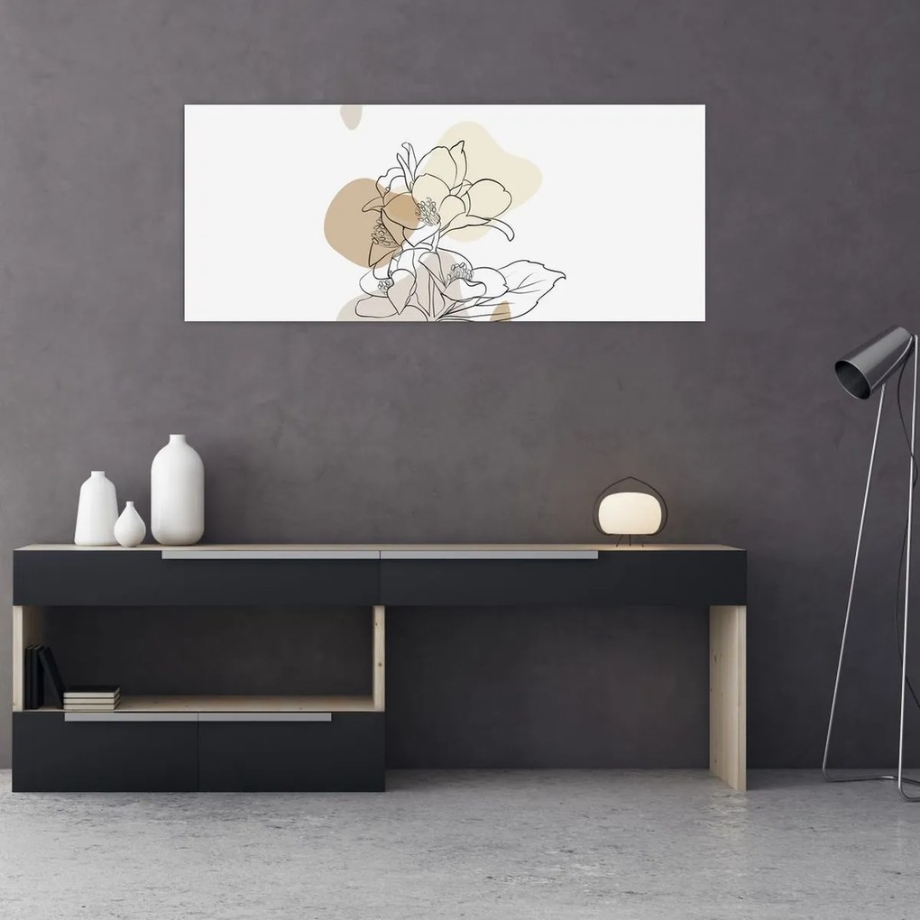 Obraz - Béžové kvety s motýľom N⁰1 (120x50 cm)