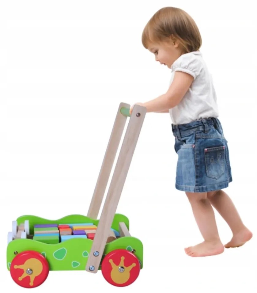 ECOTOYS Drevený vozík - chodítko Eco Toys s kockami 20 ks