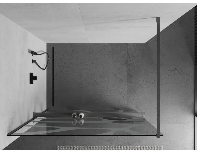Mexen Kioto+, sprchová zástena Walk-In s poličkou a vešiakom 70 x 200 cm, 8mm číre sklo biely vzor, grafitový profil, 800-070-121-66-97