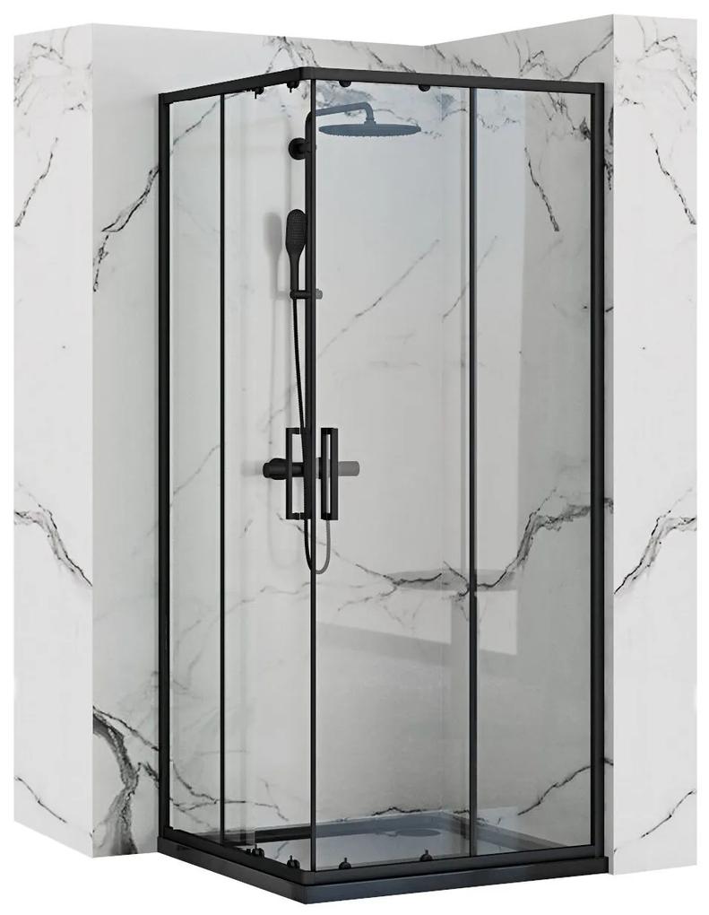 Rea Punto, sprchovací kút 90x90x190 cm, 5mm číre sklo, čierny profil + čierna sprchová vanička Savoy, KPL-K1015