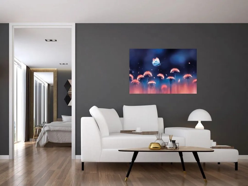 Obraz púpav s modrým motýľom (90x60 cm)