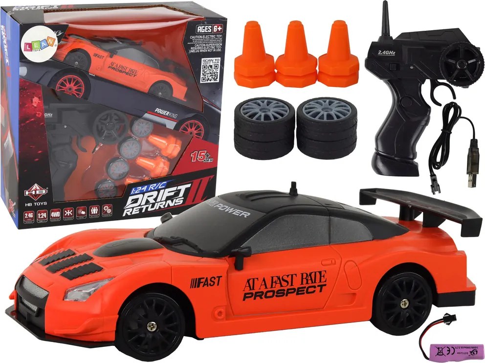LEAN Toys Športové autíčko s diaľkovým ovládaním R/C v mierke 1:24, oranžové, s vymeniteľnými kolesami
