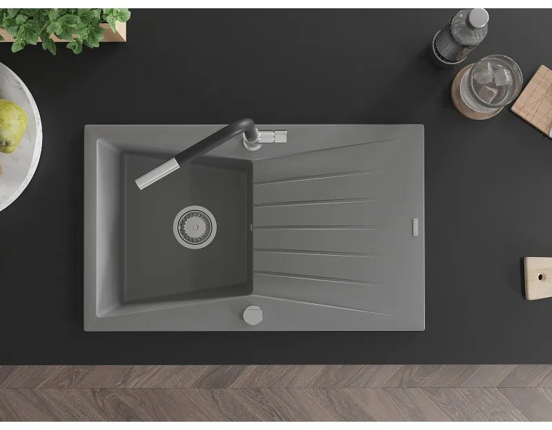 Mexen Cesar, 1-komorový granitový drez 775x470x190 mm a drezová batéria Flora, šedá, 6514-71-670401-07