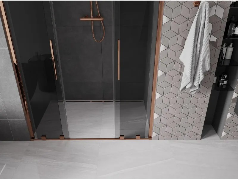 Mexen Velar L Duo, posuvné sprchové dvere do otvoru 140 cm, 8mm šedé sklo, ružové zlato, 871-140-003-42-60