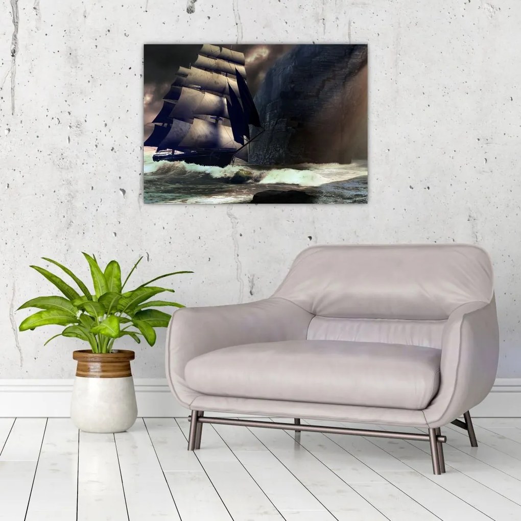 Sklenený obraz - Loď medzi útesmi (70x50 cm)