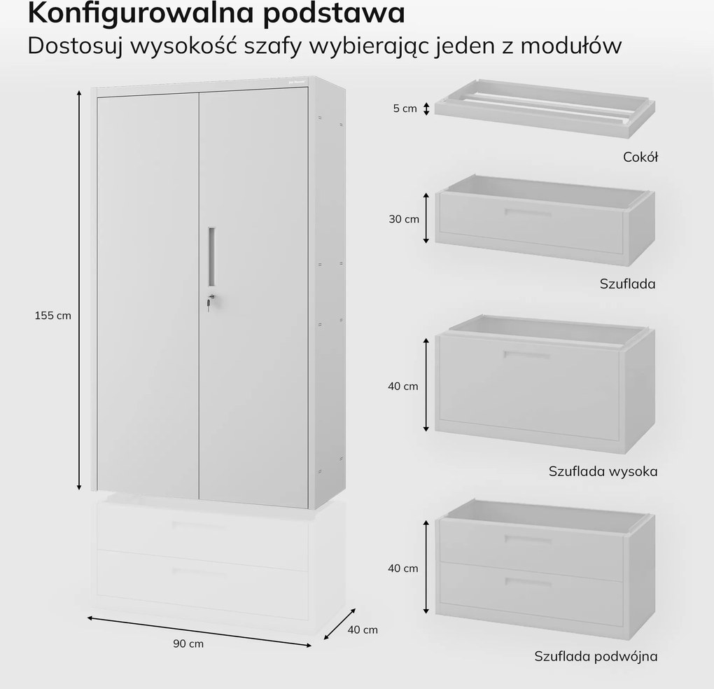 Modulárna kovová skriňa s policami a 2 zásuvkami, sivá, 1950x900x400 mm: MEGAN