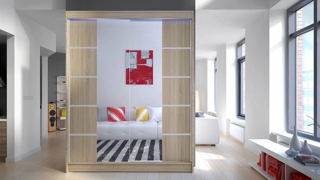 Posuvná skriňa Belgia V, Farby: čierna / biela + zrkadlo, Osvetlenie: osvetlenie LED RGB - farebné
