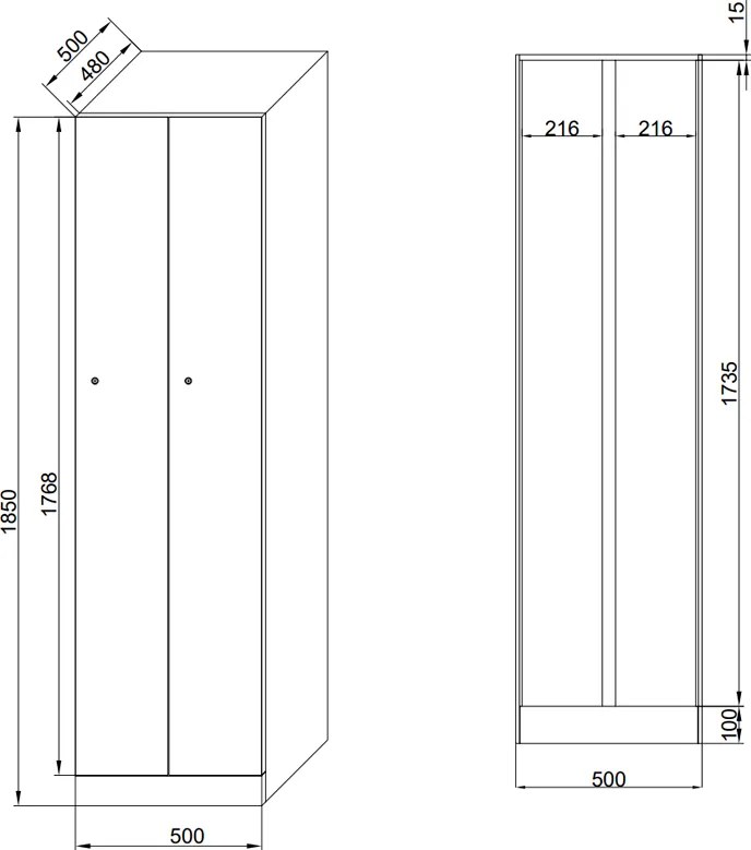 Kovová šatníková skrinka S1 zúžená, 2 oddiely, 1850 x 500 x 500 mm, cylindrický zámok, laminované dvere, breza