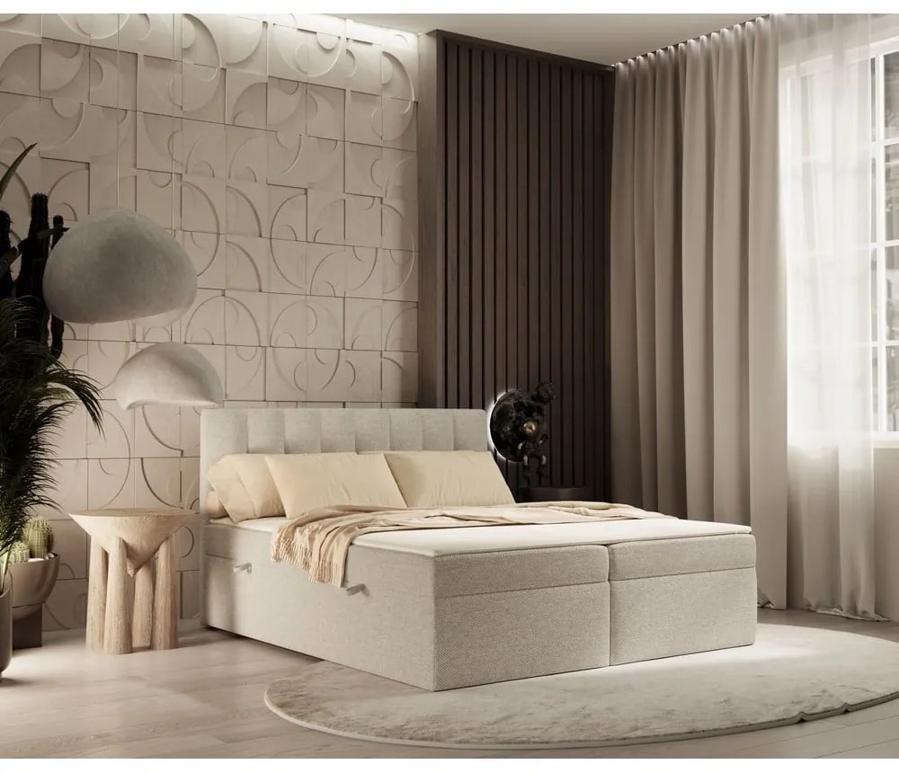 Béžová boxspring posteľ s úložným priestorom 140x200 cm Novento – Maison de Rêve