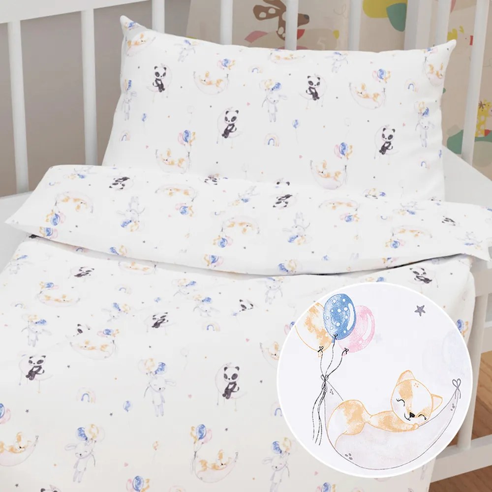 Biante Detské bavlnené posteľné obliečky do postieľky Sandra SA-374 Pandy líšky a zajačiky s balónikmi Do postieľky 90x120 a 40x60 cm