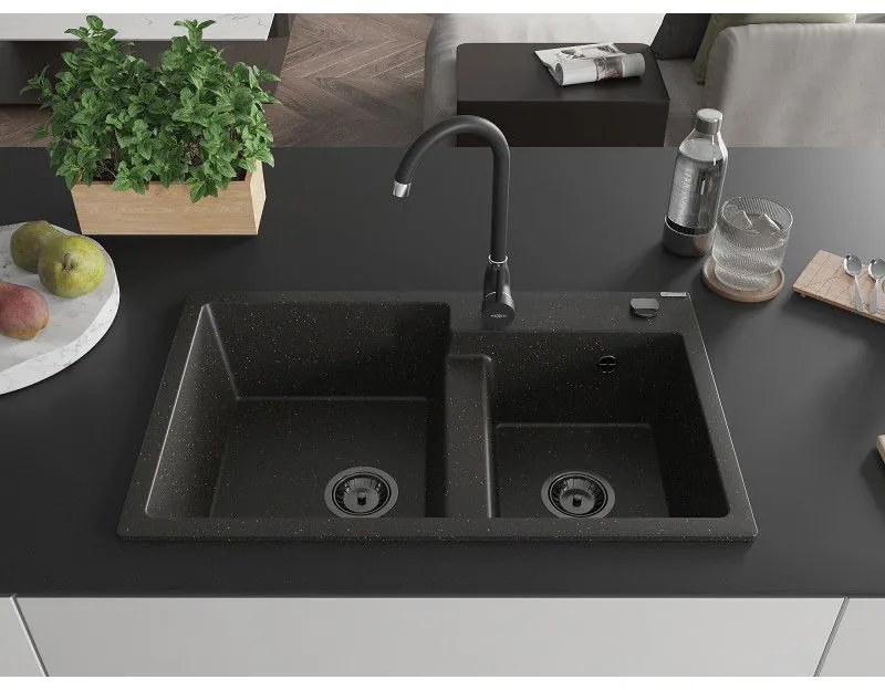 Mexen Tomas, granitový drez 800x500x190 mm, 2-komorový, čierna-zlatá metalíza s čiernym sifónom, 6516802000-75-B