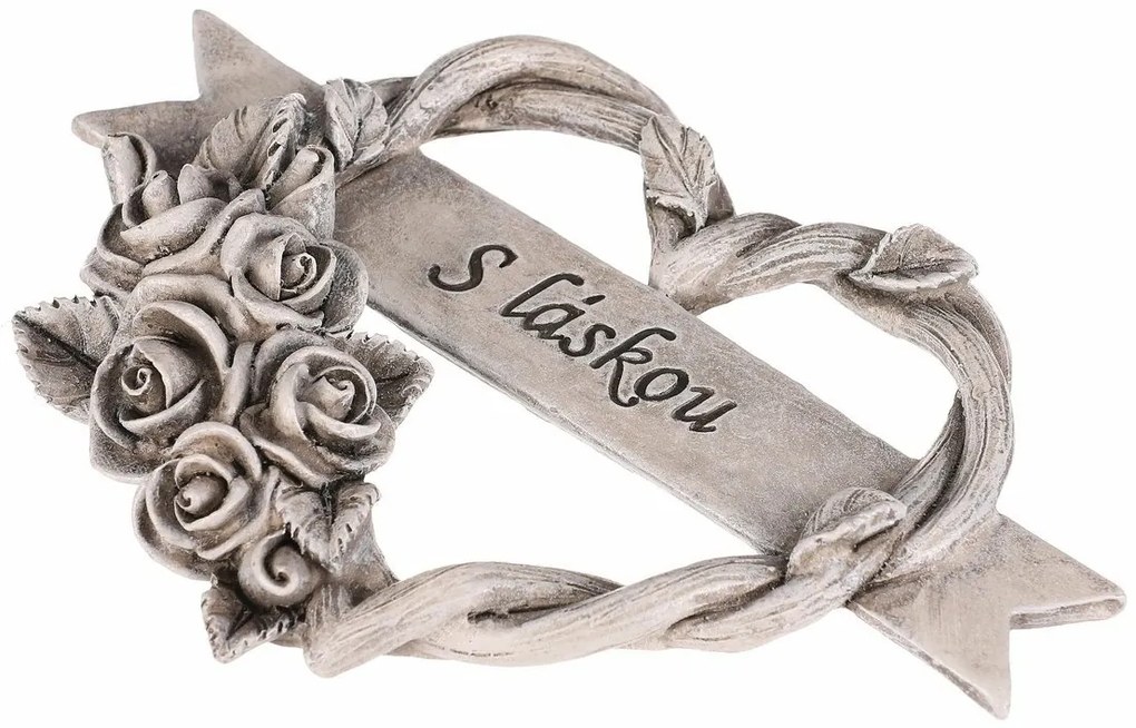 Pietna dekorácia Srdce s ružami a stuhou, polyresin, 12 x 10 x 2 cm