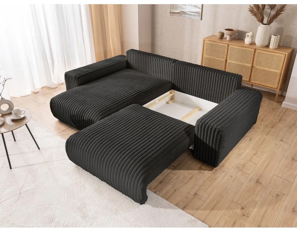 Tmavosivá menčestrová rozkladacia/s úložným priestorom rohová pohovka (ľavý roh) Sarina – Ropez