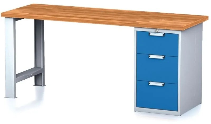 Dielenský pracovný stôl MECHANIC I, pevná noha + dielenský box na náradie, 3 zásuvky, 2000 x 685 x 880 mm, modré dvere