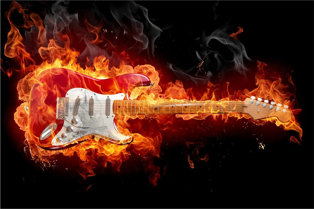 Obraz - Gitara v plameňoch (90x60 cm)