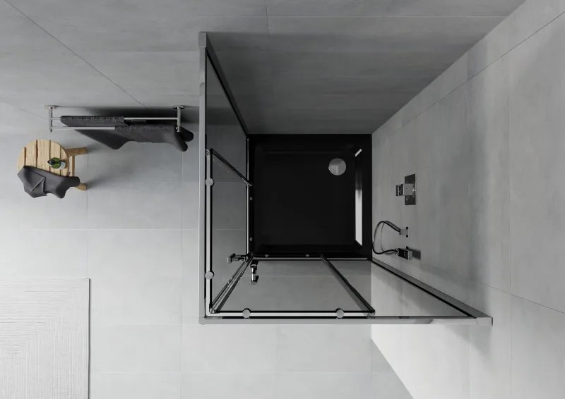 Mexen Rio, štvorcový sprchovací kút s posuvnými dverami 70(dvere) x 70(dvere) x 190 cm, 6mm šedé sklo, chrómový profil + čierna sprchová vanička SLIM, 860-070-070-01-40-4070