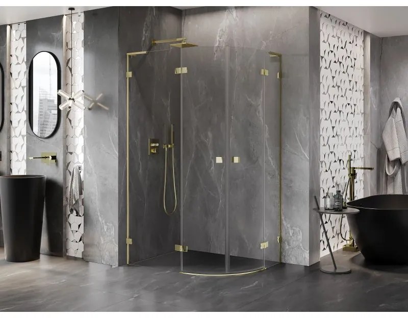 Mexen Lunar, L polkruhový sprchový kút naklápací doľava 90 x 80 cm, 8mm číre sklo, zlatý profil, 833L-090L-080P-50-00