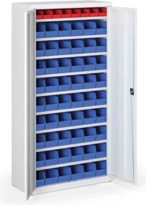 Skriňa s plastovými boxami BASIC - 1800 x 400 x 920 mm, 8xA/54xB, sivá/sivé dvere