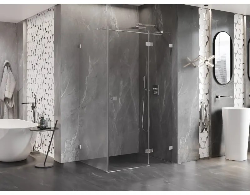 Mexen Lunar T, sklopný pravý sprchový kút 140 x 120 cm, 8mm číre sklo, chrómový profil, 834T-140-120-01-00-P