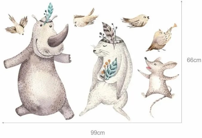 Gario Detská nálepka na stenu Forest team - nosorožec, zajačik, myška a vtáčiky Rozmery: 66 x 44 cm