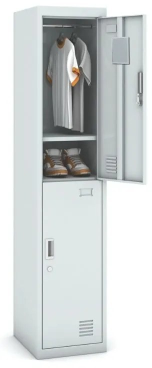 Šatníková skrinka s úložnými boxami, 2 boxy, 1800 x 380 x 450 mm, cylindrický zámok, sivá/tmavosivá