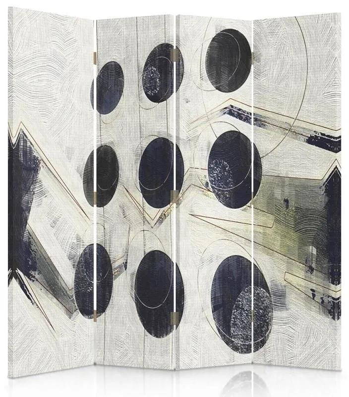 Ozdobný paraván Abstraktní koule černá a bílá - 145x170 cm, štvordielny, klasický paraván
