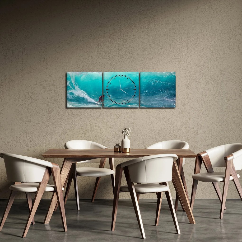 Obraz surferov vo vlnách (s hodinami) (90x30 cm)