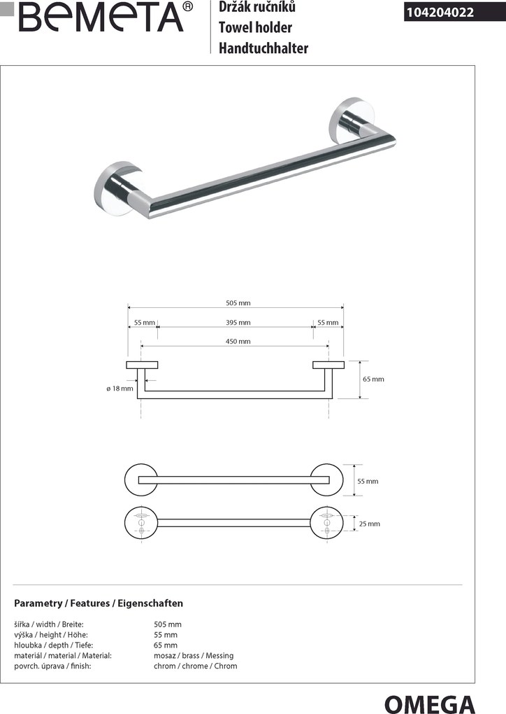Bemeta Design OMEGA: Držiak uterákov, 450 mm - 104204022