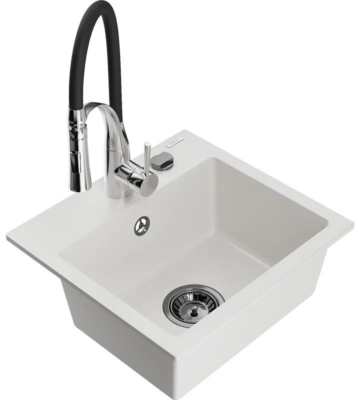 Mexen Milo, 1-komorový granitový drez 435x410x171 mm a drezová batéria Aster, biela, 6505-20-73450-07-B