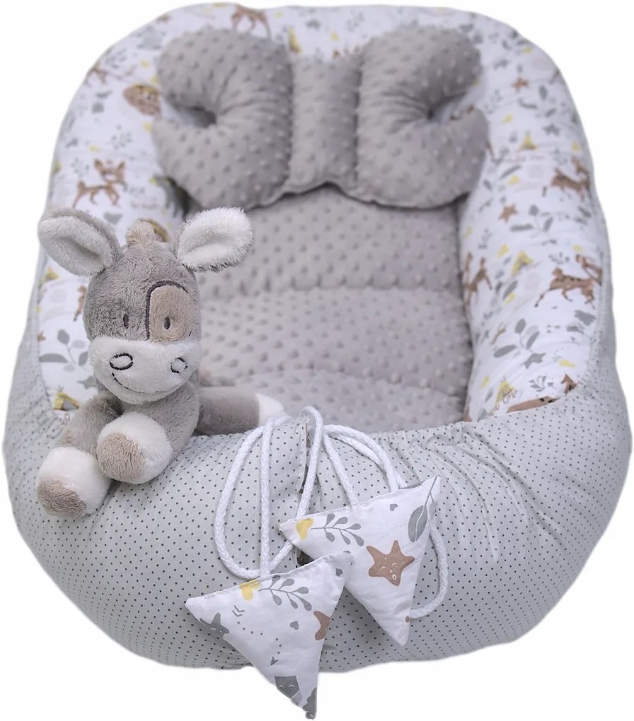 Obojstranné hniezdočko (kokon) pre bábätko - BABYMAM PREMIUM set 7v1 - Srnček a priatelia so šedou minky