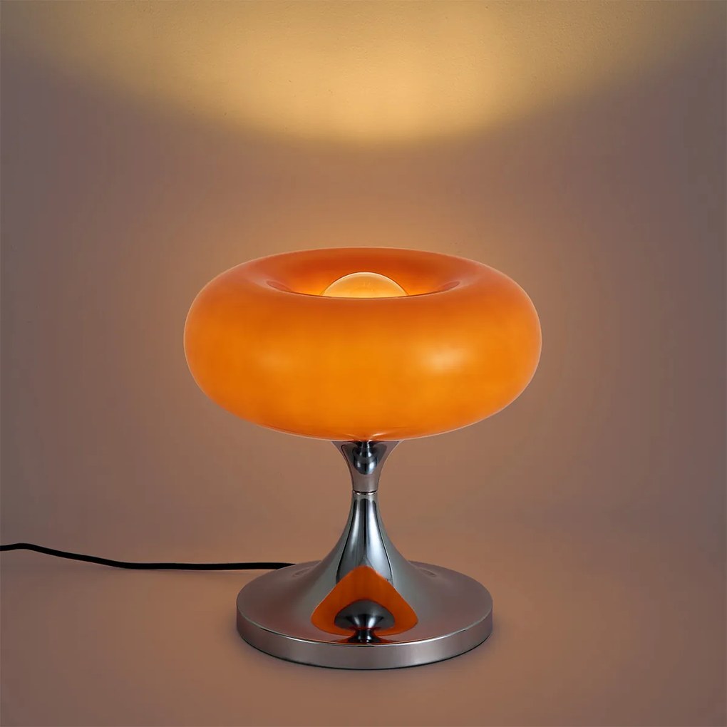 Retro stolná lampa chróm s oranžovým skleneným tienidlom 31cm - Glaze
