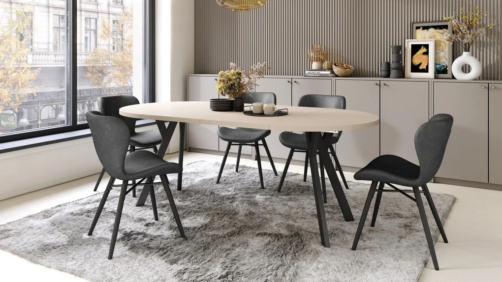 ALMO 100 Béžový/čierne nohy - OKRÚHLY LOFTOVÝ/INDUSTRIÁLNY ROZKLADACÍ STÔL DO OBÝVAČKY/JEDÁLNE