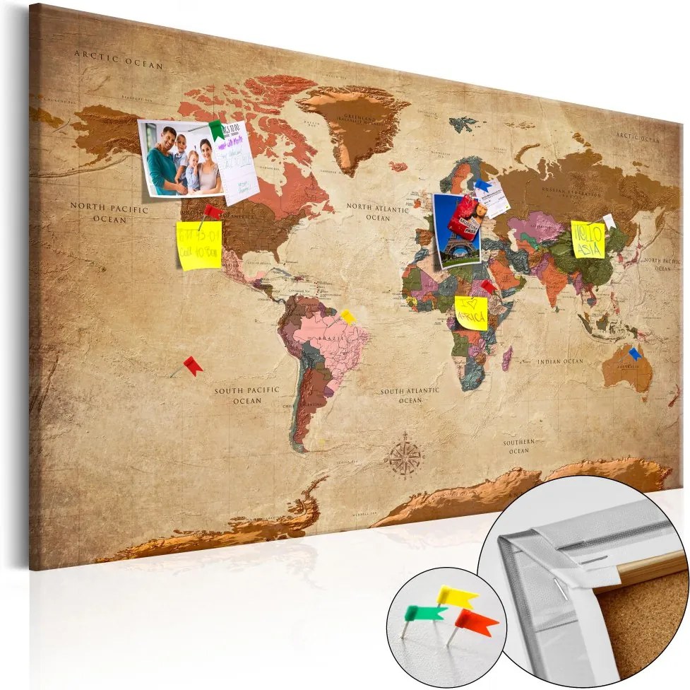 Bimago Obraz na korku - World Map: Brown Elegance [Cork Map] 90x60 cm