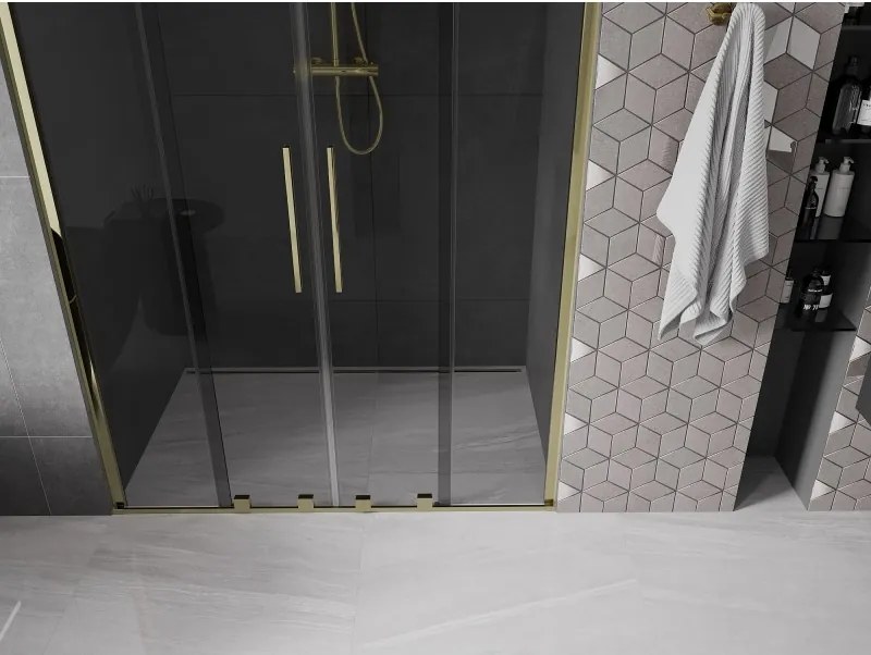 Mexen Velar Duo, posuvné sprchové dvere do otvoru 150 cm, 8mm šedé sklo, zlatá lesklá, 871-150-000-42-50