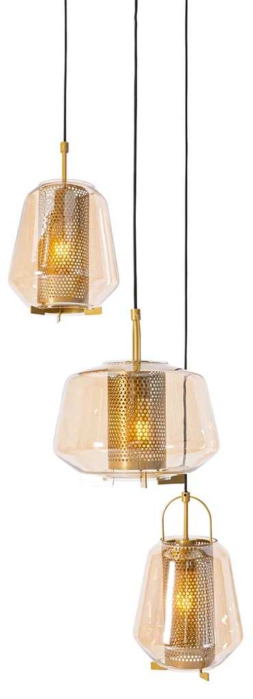 Závesná lampa zlaté jantárové sklo okrúhle 3 svetielka - Kevin