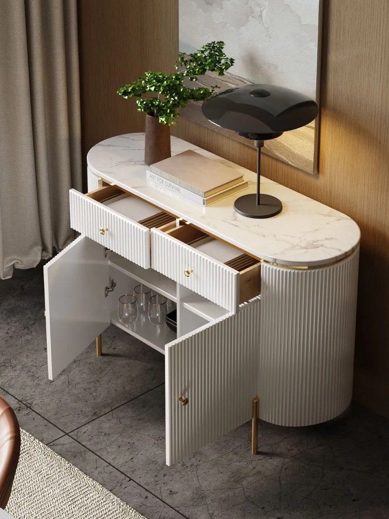 KOMODA GASTON M ZLATÉ NOHY + BIELA + SYNTETICKÝ MRAMOR 120 cm