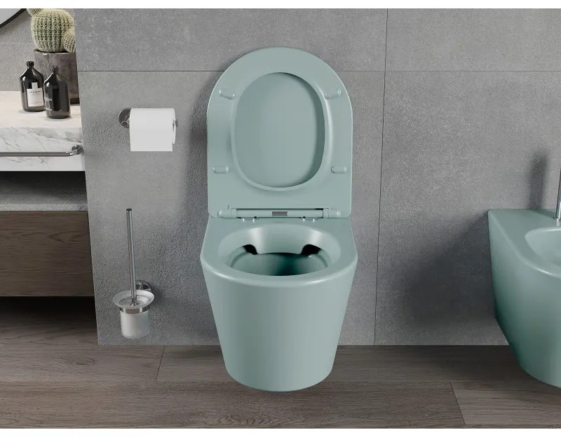 Mexen Rico, závesné WC Rimless s WC doskou slim, duroplast, zelená matná, 30724048